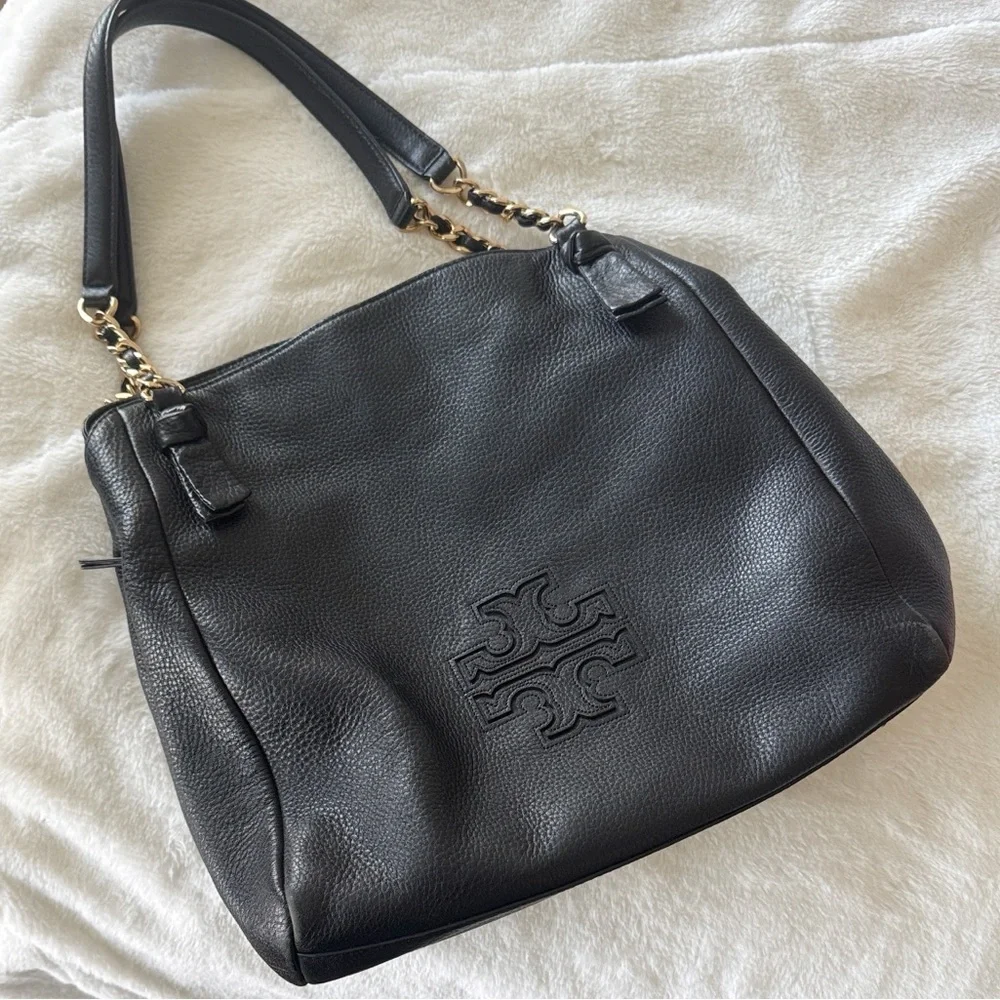 Tory Burch black leather gold chain Harper Tote shoulder handbag purse